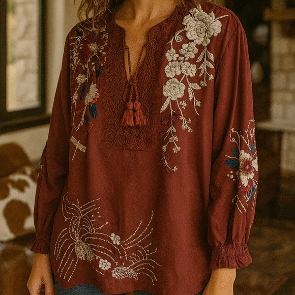 Johnny Was Silk Embroidered Blouse - Picture 1 of 11